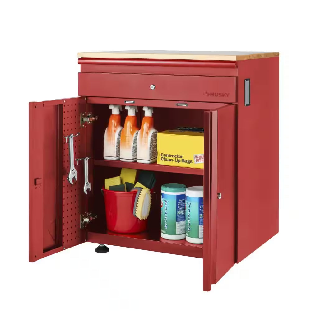 Heavy Duty 64 In. W X 81 In. H X 24 In. D Pre-Assembled Steel 3-Piece Garage Storage System in Red with Wood Worktop