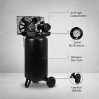 60 Gal. 3 HP 150 PSI Electric Upright Air Compressor — infographic