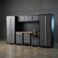 9-Piece Garage Shop Tool Storage Cabinet Set with Pegboard and Wooden Work Top 24 Gauge Steel Tool Chests & Garage Mounted Storage Systems - Black+Gray — Studio Shot