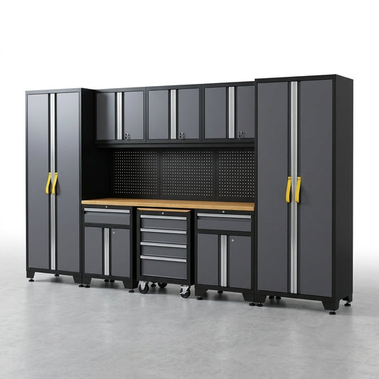 9-Piece Garage Shop Tool Storage Cabinet Set with Pegboard and Wooden Work Top 24 Gauge Steel Tool Chests & Garage Mounted Storage Systems - Black+Gray — Studio Shot