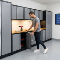 Bold Series 12-Piece 24-Gauge Stainless Steel Garage Storage System in Gray (186 In. W X 77 In. H X 18 In. D) — Lifestyle
