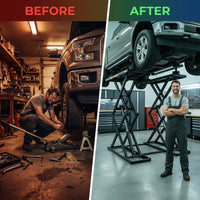 Car Lift, 7,000 LBS Capacity Portable Car Lift, with Extended-Length Plates, 26.8' Max. Height, Heavy-Duty Carbon Steel Truck Lift with 120V Power Unit, Auto Car Jack Lifts for Home Garage Shop — Before & After
