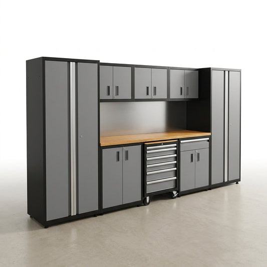 Garage Storage Cabinet System Engineered for Heavy-Duty Use, 12-Piece Steel, 186 In. Width, Powder-Coated — Studio Shot
