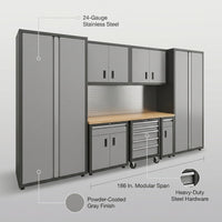 Garage Storage Cabinet System Engineered for Heavy-Duty Use, 12-Piece Steel, 186 In. Width, Powder-Coated — infographic