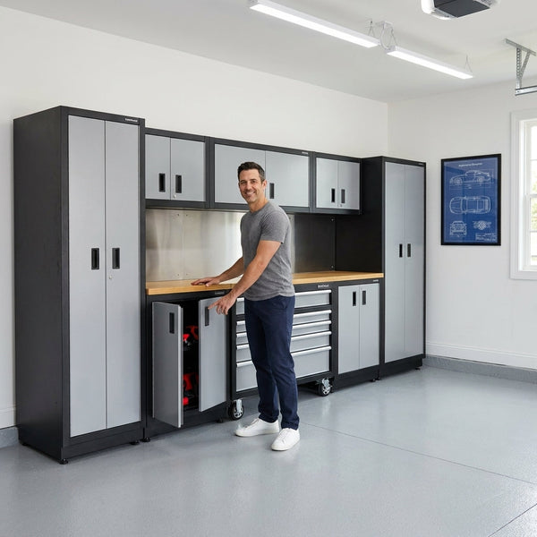 Garage Storage Cabinet System Engineered for Heavy-Duty Use, 12-Piece Steel, 186 In. Width, Powder-Coated